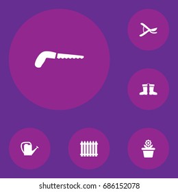 Set Of 6 Horticulture Icons Set.Collection Of Rubber Boots, Watering Can, Fence And Other Elements.
