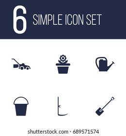 Set Of 6 Horticulture Icons Set.Collection Of Flowerpot, Watering Can, Lawn Mower And Other Elements.
