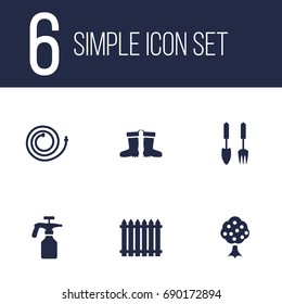 Set Of 6 Horticulture Icons Set.Collection Of Garden Hose, Rubber Boots, Tools And Other Elements.