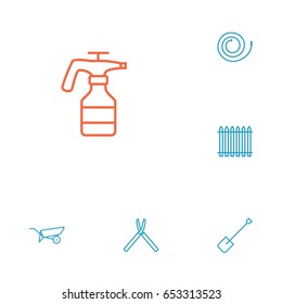 Set Of 6 Horticulture Outline Icons Set.Collection Of Atomizer, Firehose, Barrow And Other Elements.