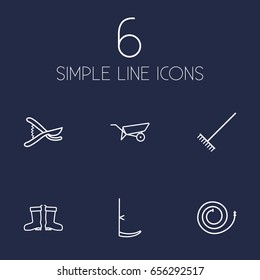 Set Of 6 Horticulture Outline Icons Set.Collection Of Firehose, Scythe, Barrow And Other Elements.