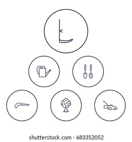 Set Of 6 Horticulture Outline Icons Set.Collection Of Instruments, Scythe, Bailer And Other Elements.