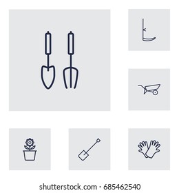 Set Of 6 Horticulture Outline Icons Set.Collection Of Plant Pot, Instruments, Barrow And Other Elements.
