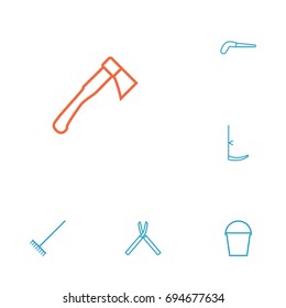 Set Of 6 Horticulture Outline Icons Set.Collection Of Shears, Harrow, Scythe And Other Elements.