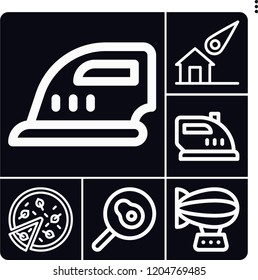 Set of 6 hot outline icons such as pizza, zeppelin, ironing, meteorite, fried egg