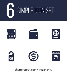 Set Of 6 Hotel Icons Set.Collection Of Currency, Strongbox, Rest Time And Other Elements.