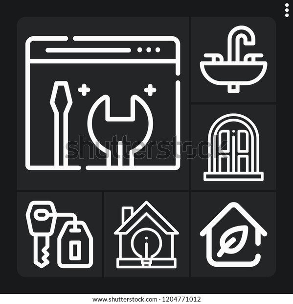 Set of 6 house outline icons such as\
eco house, door, house, maintenance,\
sink
