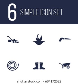 Set Of 6 Household Icons Set.Collection Of Hacksaw, Plant, Garden Hose And Other Elements.