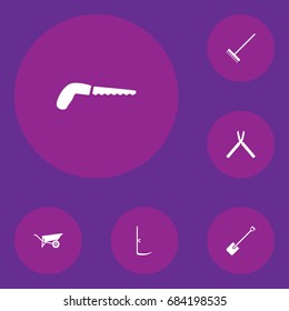 Set Of 6 Household Icons Set.Collection Of Shovel, Rake, Hacksaw And Other Elements.