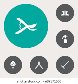 Set Of 6 Household Icons Set.Collection Of Scissors, Spray Bootle, Rake And Other Elements.