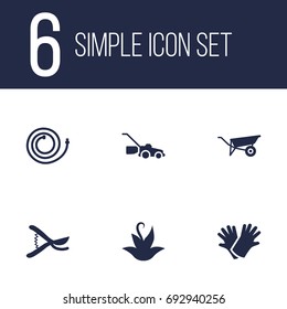 Set Of 6 Household Icons Set.Collection Of Lawn Mower, Plant, Wheelbarrow And Other Elements.