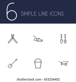 Set Of 6 Household Outline Icons Set.Collection Of Barrow, Pail, Grass-Cutter And Other Elements.
