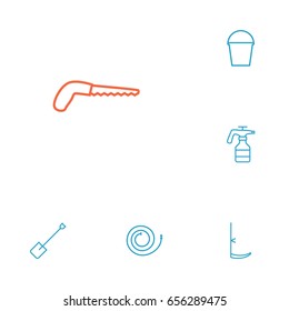 Set Of 6 Household Outline Icons Set.Collection Of Firehose, Pail, Arm-Cutter And Other Elements.