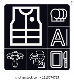 Set of 6 human outline icons such as character, dissection, fishing vest, fallopian tube, listener