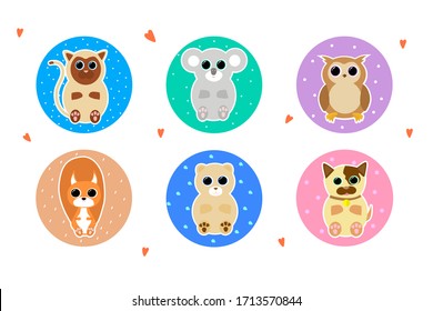Set of 6 icons in animal style. Stock vector illustration.