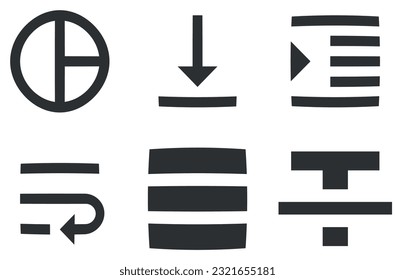 Set of 6 icons Editor. Modern thin line icons. Outline isolated signs. Linear symbols set. Thin filled icons pack. UI and UX