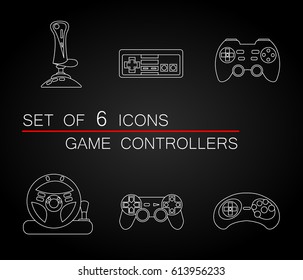 Set of 6 icons of game controllers and joysticks. Web element and infographics pack. Outline symbol collection. Easy to place on your picture. Mono linear pictograms. Vector illustration. EPS 10.