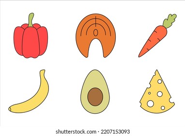 Set of 6 icons of healthy food in line art style.