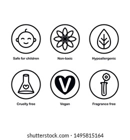 Set of 6 icons: safe for children, non-toxic, hypoallergenic, cruelty free, vegan, fragrance free