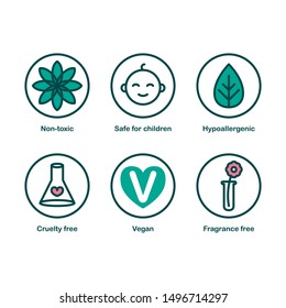 Set of 6 icons: safe for children, non-toxic, hypoallergenic, cruelty free, vegan, fragrance free