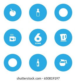 Set Of 6  Icons Set.Collection Of Cocktail, Wine, Electric Teapot And Other Elements.
