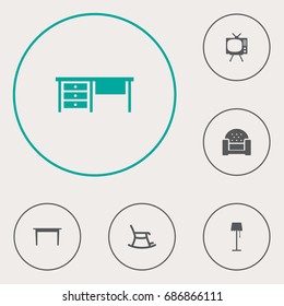 Set Of 6 Set Icons Set.Collection Of Illuminator, Sofa, Television And Other Elements.