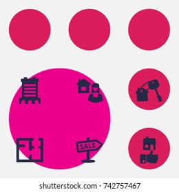 Set Of 6  Icons Set.Collection Of Real Estate Agent, Plan, Advertisement And Other Elements.