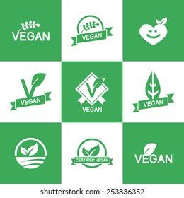 Set 6 Icons Vegan food, set of badges, emblems and stamps vector