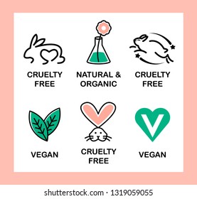 Set of 6 icons-badges: Vegan, Cruelty Free, Organic and Natural. Pink and green. 