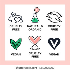 Set of 6 icons-badges: Vegan, Cruelty Free, Organic and Natural. Dark blue lines. 