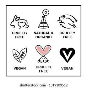 Set of 6 icons-badges: Vegan, Cruelty Free, Organic and Natural. Black and white. 