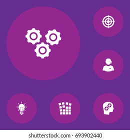 Set Of 6 Idea Icons Set.Collection Of Thinking Head, Goal, Gear And Other Elements.