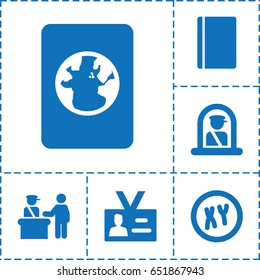 set of 6 identity filled icons such as pass control, airport officer, passport, badge