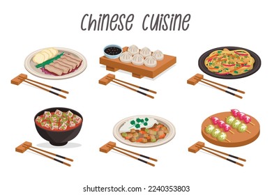 Set of 6 illustrations of Chinese cuisine: peking duck, xiao long bao (dumplings), ma po tofu, chow mein, pork in sweet and sour sauce, tang hulu (fruits in sugar syrup) with wooden sticks.