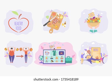 Set of 6 illustrations. The concept of a healthy diet and refusal of fast food. Fat people eat fast food. Online ordering pizza. Logo. Colorful vector illustration.