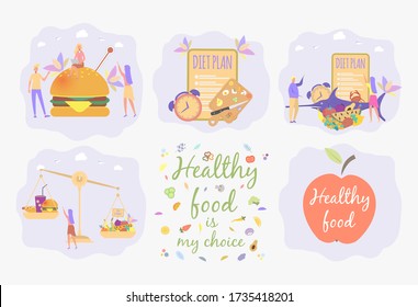 Conjunto de 6 ilustraciones. El concepto de una dieta saludable y la negativa a la comida rápida. la gente come comida rápida. Pedir pizza en línea. Logotipo. Ilustración vectorial colorida.