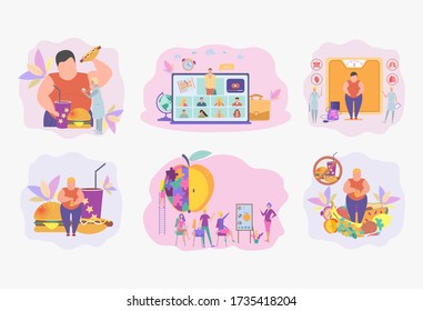 Set of 6 illustrations. The concept of a healthy diet and refusal of fast food. Fat people eat fast food. Online ordering pizza. Nutritionist  conducts a lesson on proper nutrition. Colorful vector 