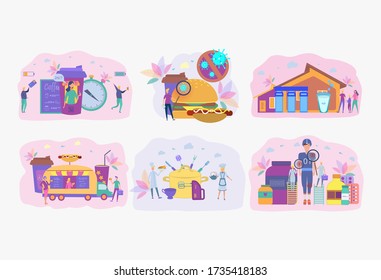 Set of 6 illustrations. The concept of sports nutrition. Online food ordering. Pure water. Logo. Street food. Colorful vector illustration.