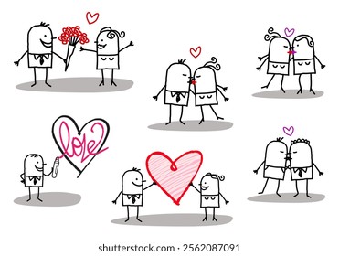 Set of 6 illustrations - Hand drawn cartoon stick characters - mixed couples with love, hearts, flowers and kisses