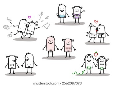 Set of 6 illustrations - Hand drawn cartoon stick characters - natural human men and women with nudity, love, kiss and religion