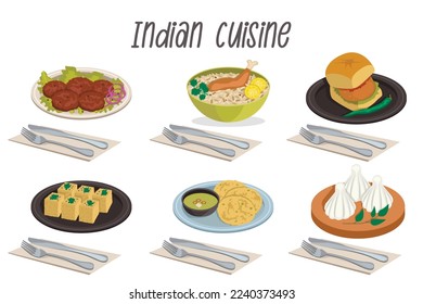 Conjunto de 6 ilustraciones de platos indios: tunde kebab, dokla, makki roti y sarson ka, biryani, vada pav, modak con cubiertos.