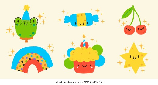 Set of 6 illustrations in kawaii style. Cute frog, candy, cherries, rainbow, cake and star.Hand Drawn birthday labels set vector illustration design.Happy birthday greeting card for children 
