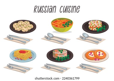 Set of 6 illustrations of Russian cuisine: pelmeni (dumplings), olivier, shchi soup, pancakes, aspic, vatrushka with cutlery.