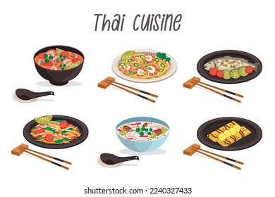 Conjunto de 6 ilustraciones de comida tailandesa: tom kha, som tam, pad thai, tom yum, planung nao, crepes de plátano con palos de madera.