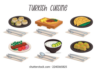 Set of 6 illustrations of Turkish cuisine: adana kebab, cacik, pide, gozleme, firynda matar, baklava with cutlery.