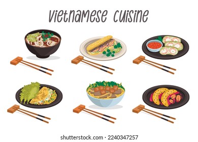  Set of 6 illustrations of Vietnamese cuisine: pho soup, spring rolls, ban kheo, cao lau, ban mi, baked bananas with wooden sticks.