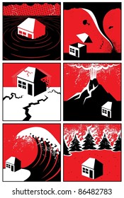 Set of 6 illustrations/icons of natural disasters.