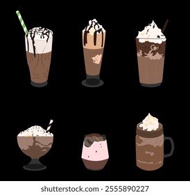 Set of 6 images of cold chocolate drinks. The illustrations also include elements such as ice cubes, straws, and decorative accents, which add to their appeal. with a black isolated background