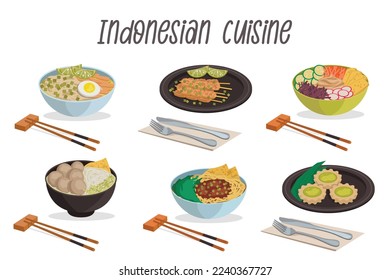 Set of 6 Indonesian food illustrations: sate, soto ayam, bakso, gado gado, mi ayam, susu pie with cutlery.