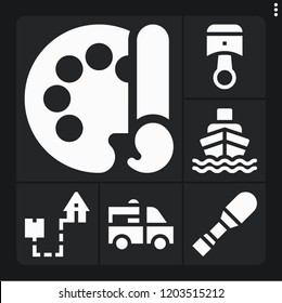 Set of 6 industry filled icons such as shipping, ship, color palette, piston, delivery truck